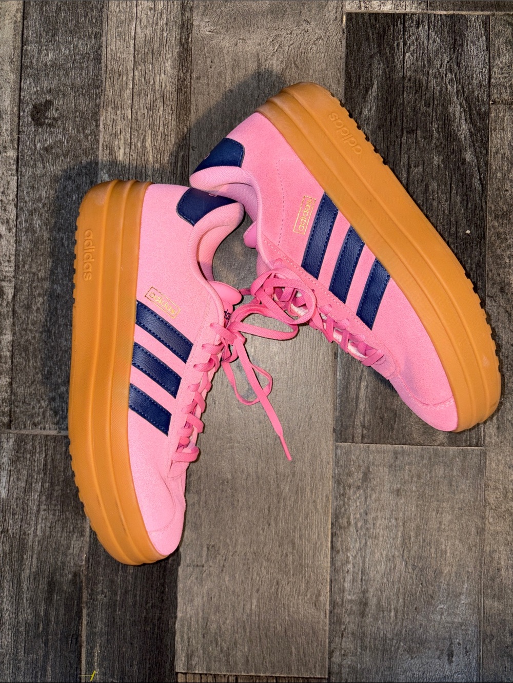 adidas Originals Pink Suede Sneakers with Navy Stripes and Gum Outsole